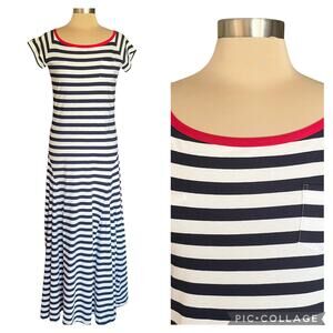 Ralph Lauren Sport Navy White Striped Knit Maxi Dress LARGE Nautical Beachy